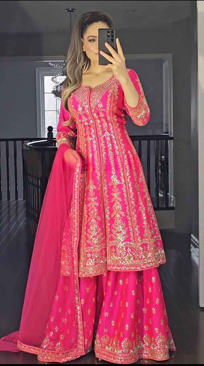 Rani Pink Special Presenting New Long Top Sharara Plazzo Dupatta Suit Set - Image 2