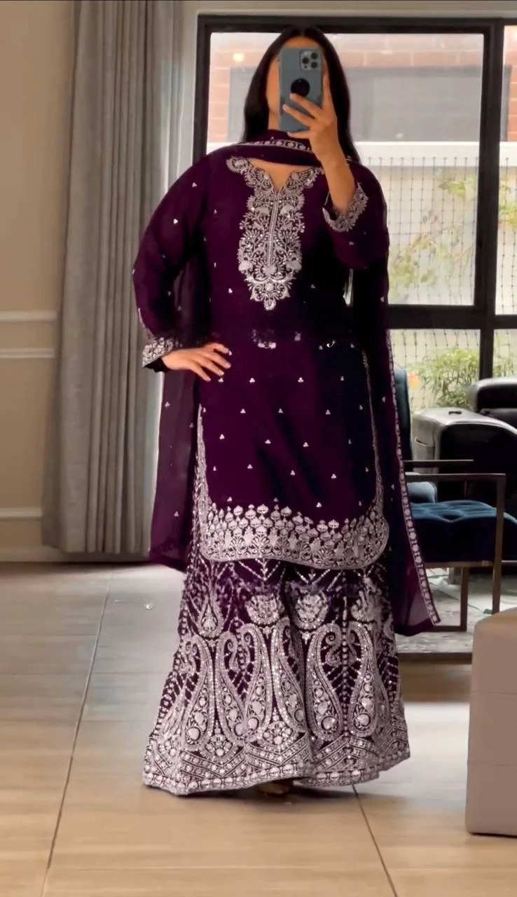 Deep Purple and Wine Gharara Set with Intricate White Embroidery - Image 5