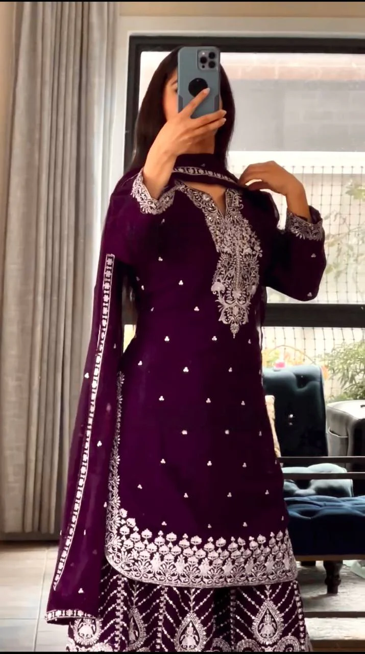 Deep Purple and Wine Gharara Set with Intricate White Embroidery - Image 6