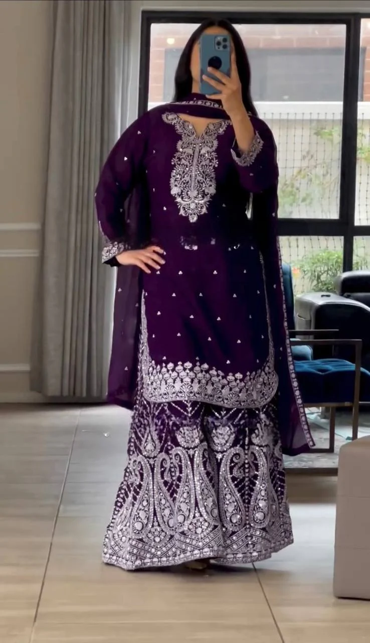 Deep Purple and Wine Gharara Set with Intricate White Embroidery - Image 9