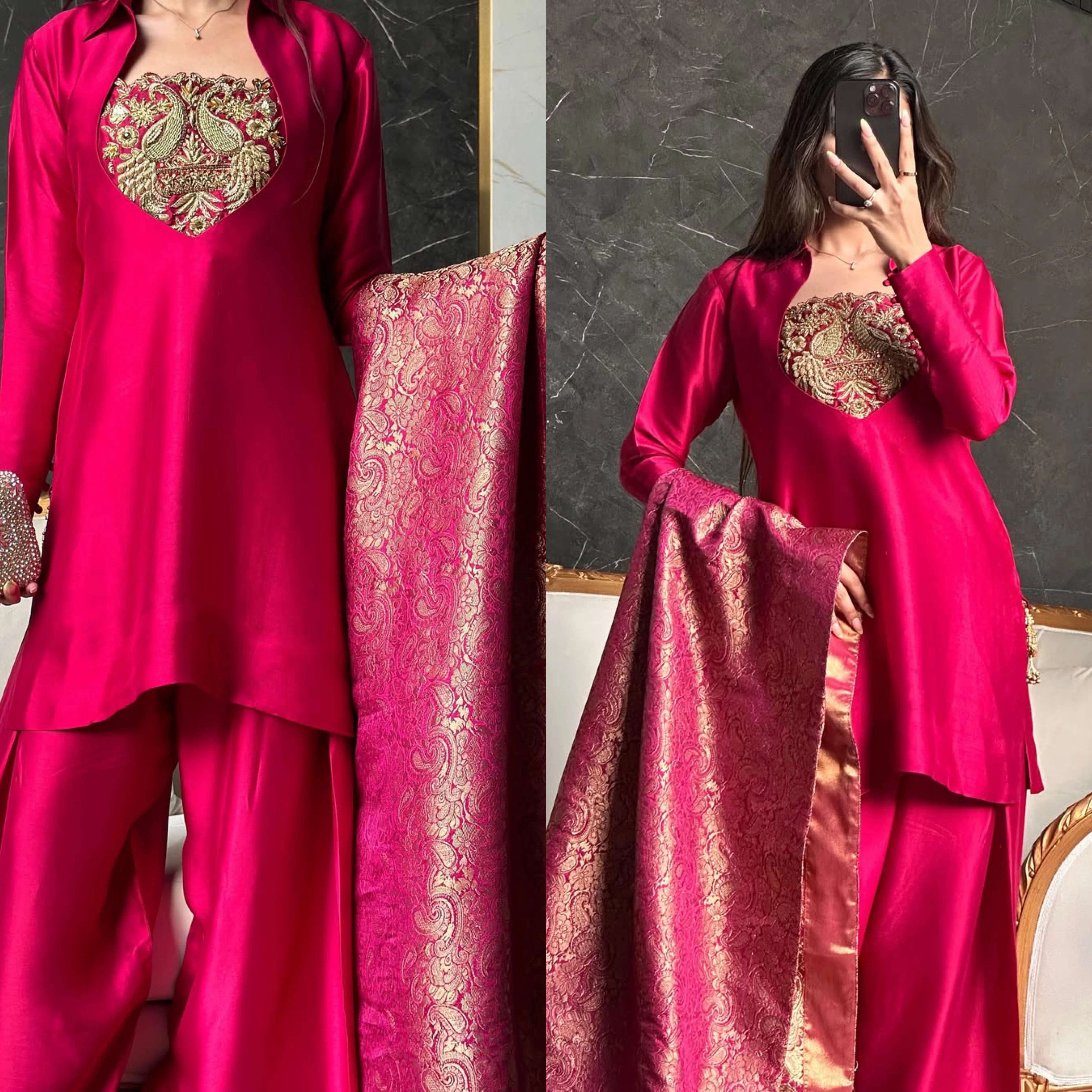 Deep Rani Pink Silk Patiala Suit with Heavy Bids Hand Work Neckline & Jacquard Dupatta set - Image 3