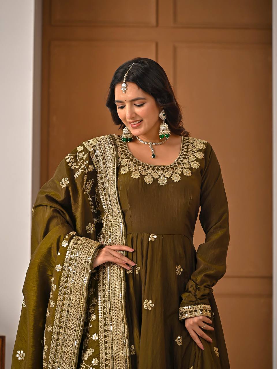 Elegant Olive Green Festive Gown - Image 10