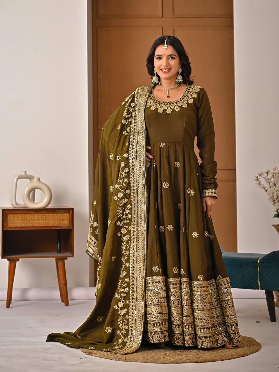Elegant Olive Green Festive Gown - Image 3
