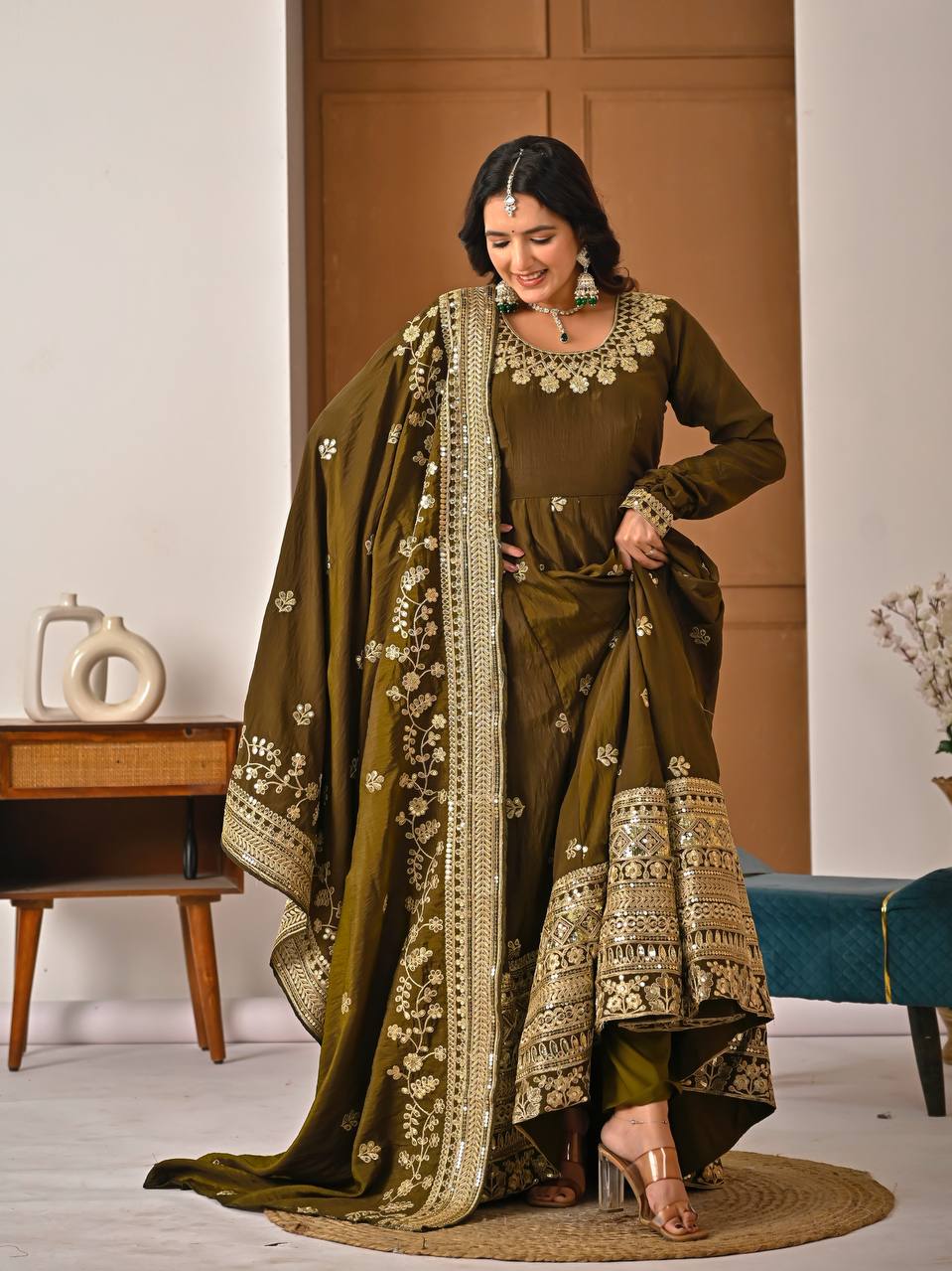 Elegant Olive Green Festive Gown - Image 5
