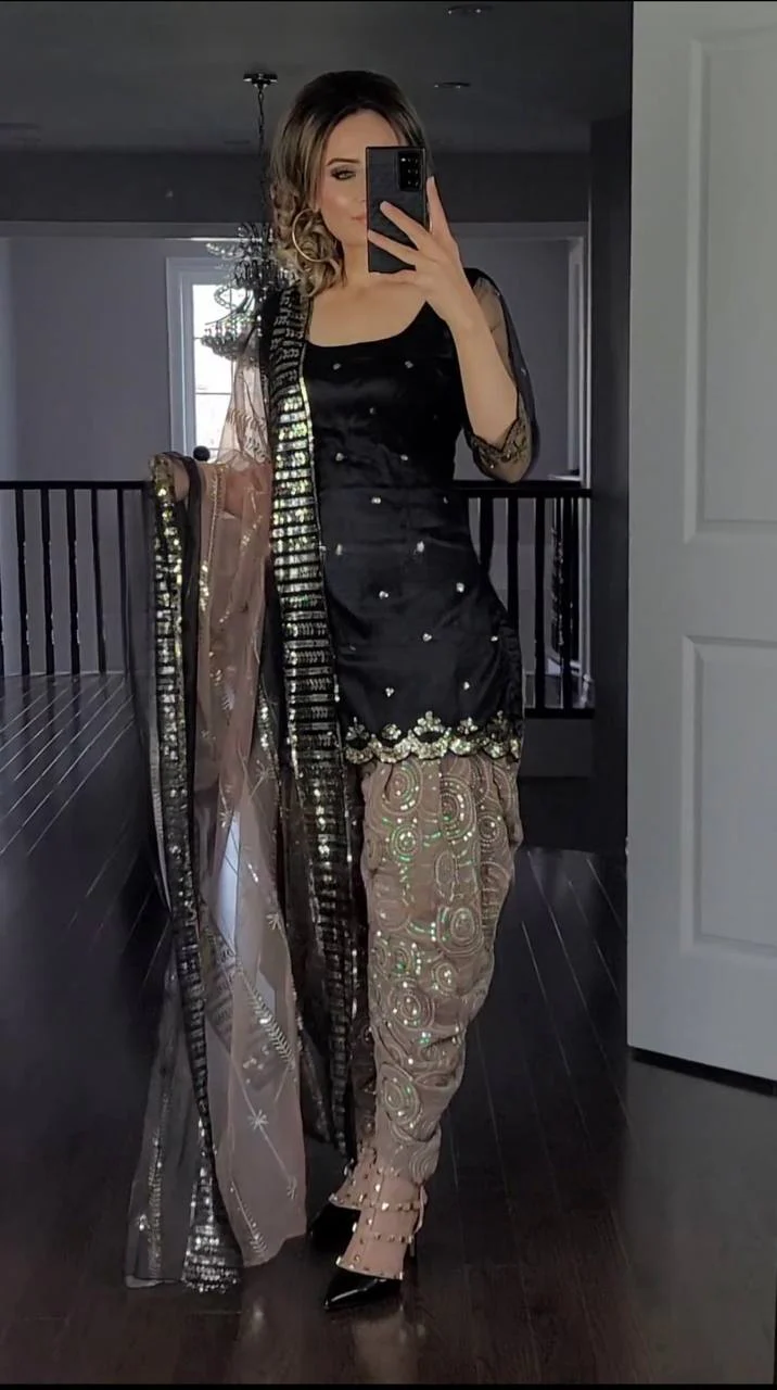 Black and Chiku Colour Party Wear Look Top Dhoti and Dupatta Set - Image 4