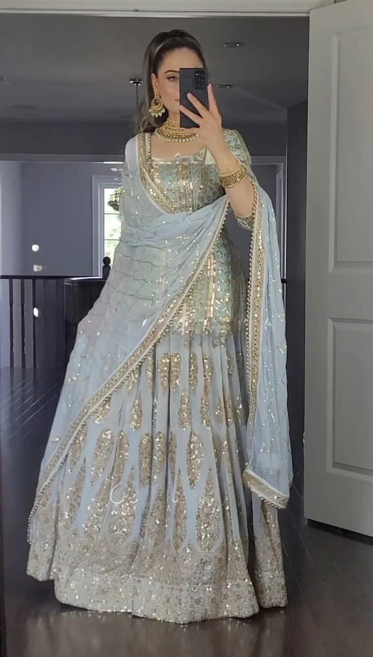 Sky Colour Top Lehenga and Dupatta With Heavy Embroidery Work Set - Image 2