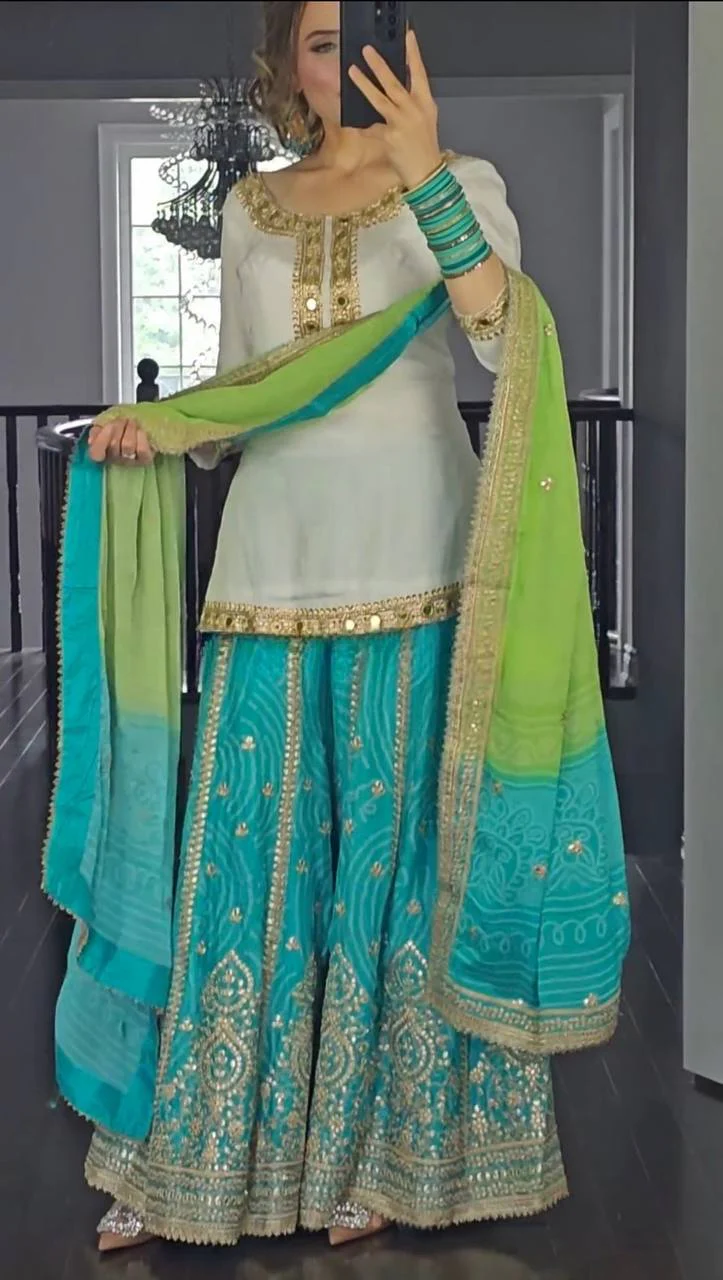 White and Sky Special Presenting New Top Sharara Plazzo Suit Set - Image 3