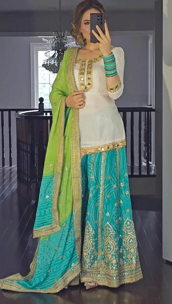 White and Sky Special Presenting New Top Sharara Plazzo Suit Set - Image 4