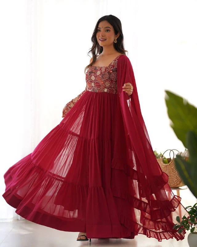 Timeless Beauty in Flowy Red Attire - Image 2